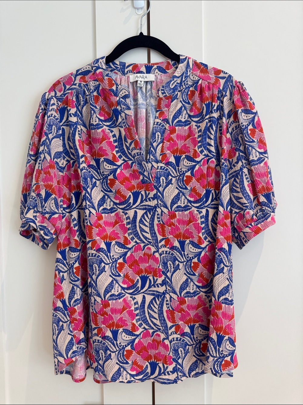 Avra Pink & Blue Floral V-Neck Puff Sleeve Blouse